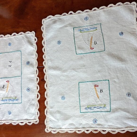 20% OFF Vintage 3-Piece Hand Embroidered Sailboat Doilies – c 1950s - Picture 4 of 10